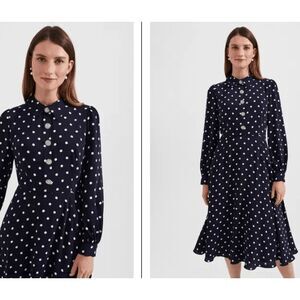 HOBBS London Ayla Spot Fit & Flare Navy Polka Dot Dress Crystal Button Size 10